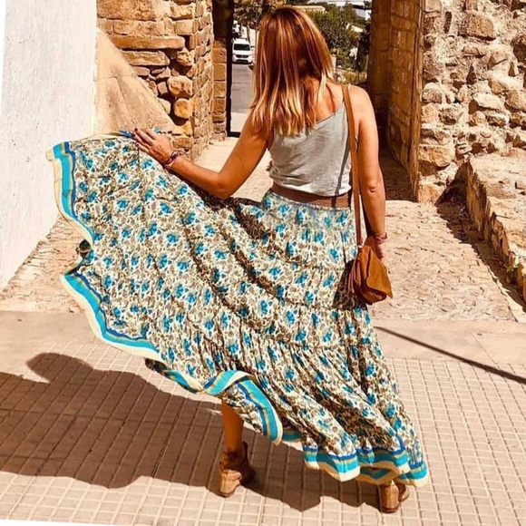Bohemian gypsy Blue high low Floral Ruffle Maxi Skirt - Picture 10 of 11